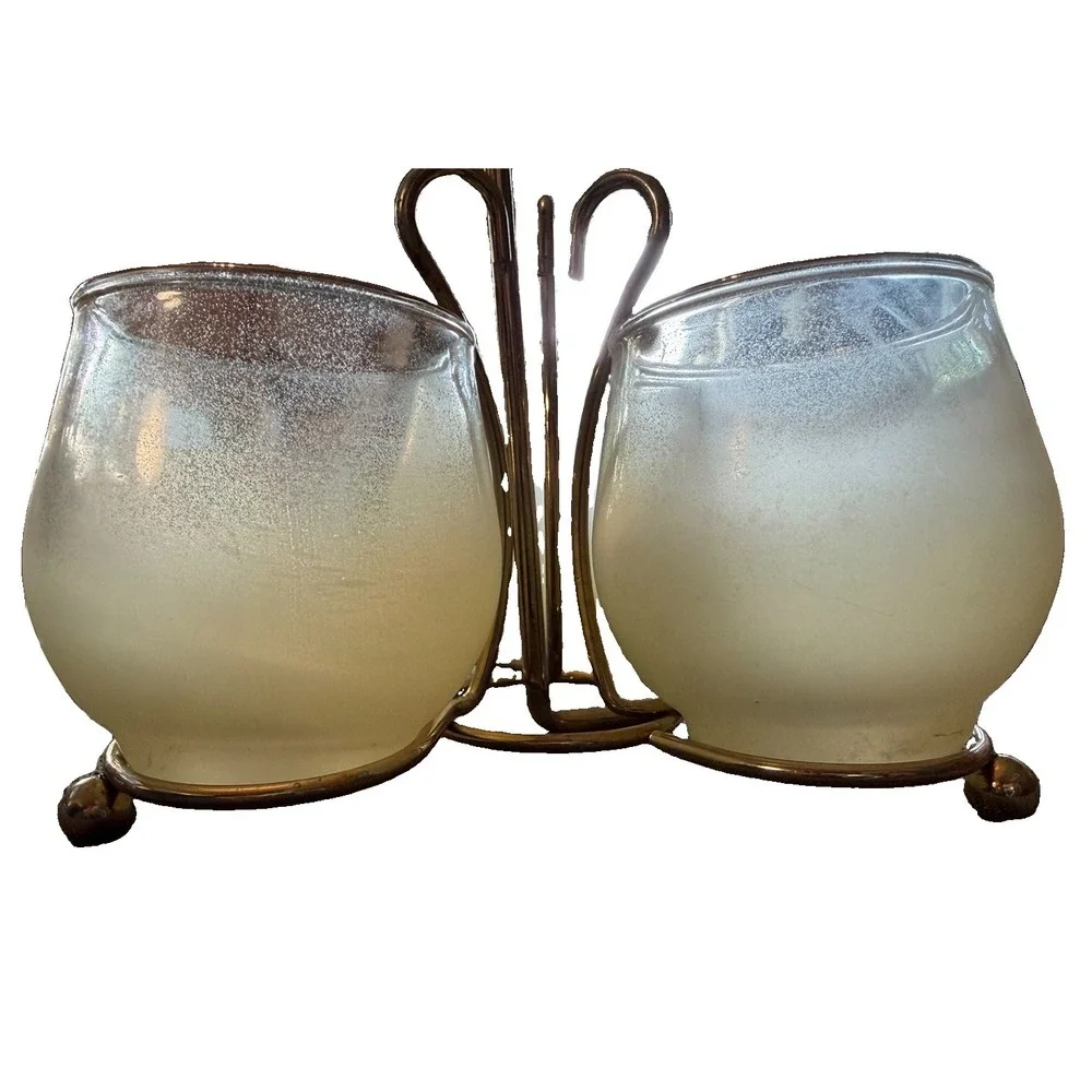 Vintage MCM 3 Glass Condiment Caddy Frosted Yellow Gold Rim Brass Tone Stand